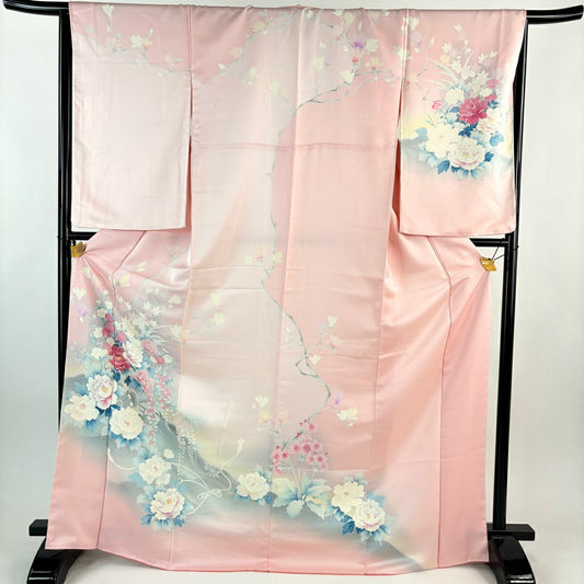 【美品】訪問服 身長172.5cm 袖長64cm M 雙層 花車 牡丹 刺繡 漸層 淺粉色 純蠶絲 優品級