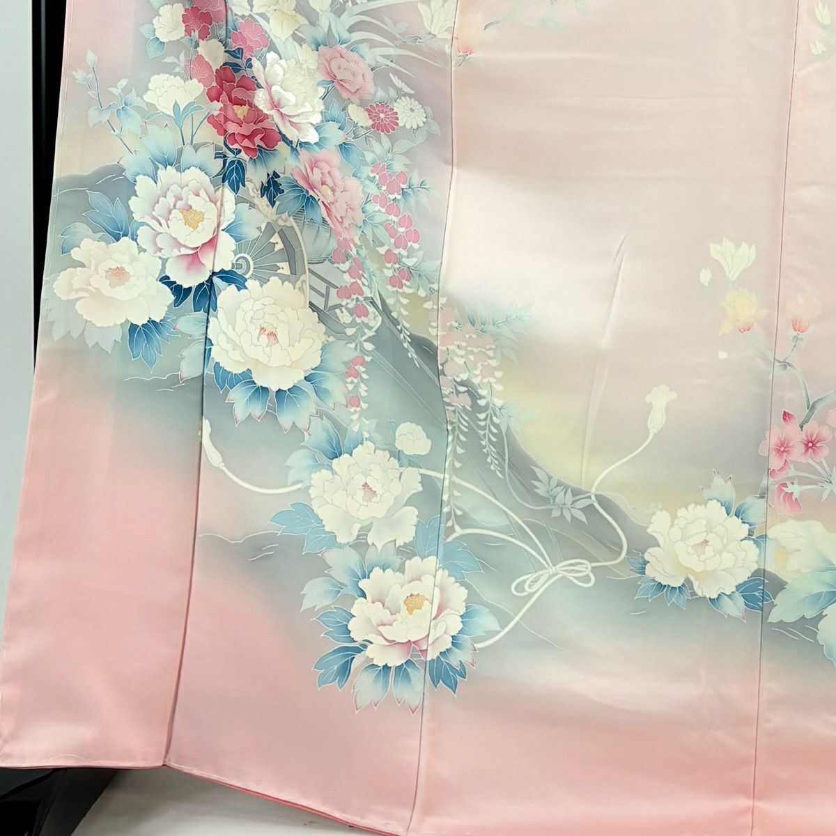 【美品】訪問服 身長172.5cm 袖長64cm M 雙層 花車 牡丹 刺繡 漸層 淺粉色 純蠶絲 優品級