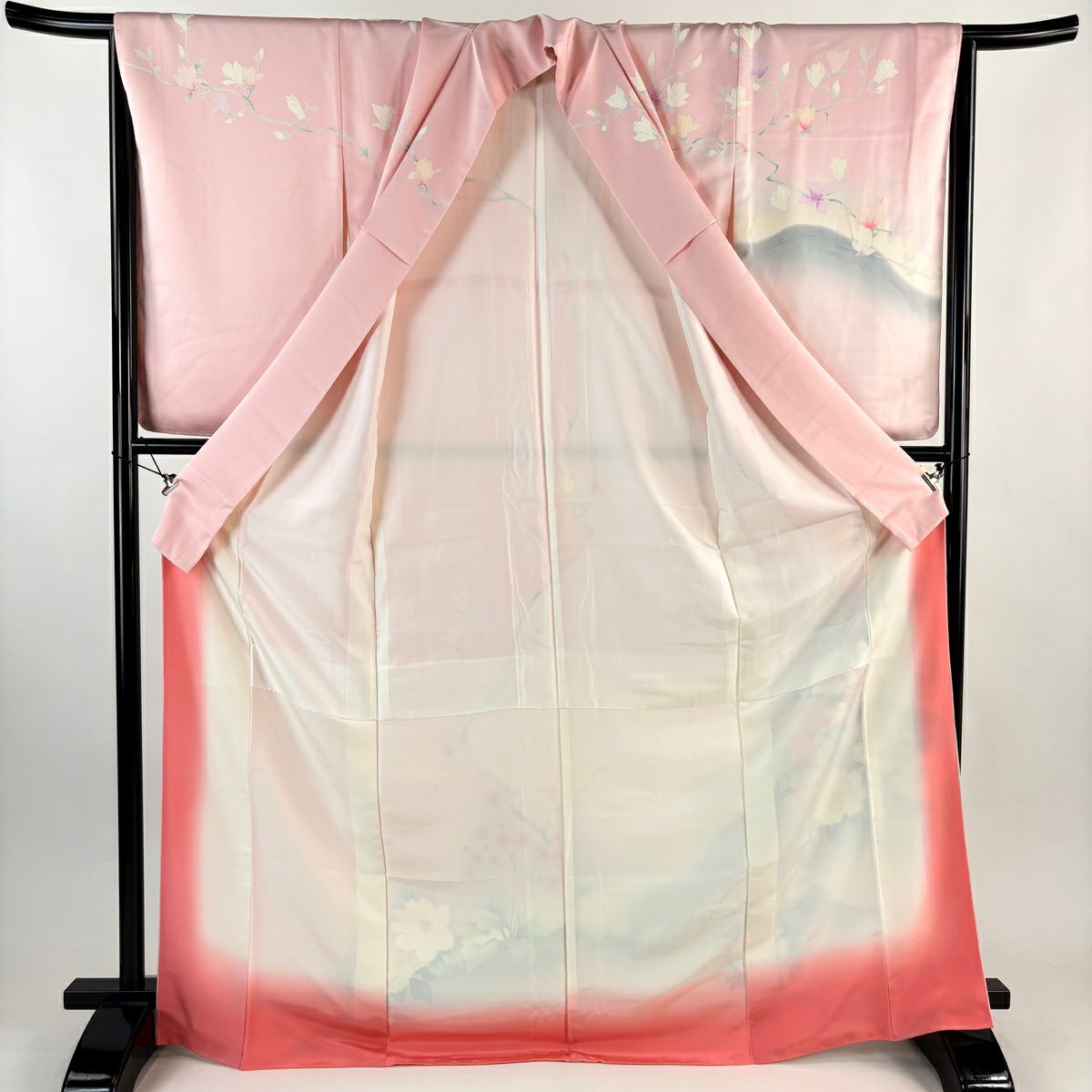 【美品】訪問服 身長172.5cm 袖長64cm M 雙層 花車 牡丹 刺繡 漸層 淺粉色 純蠶絲 優品級