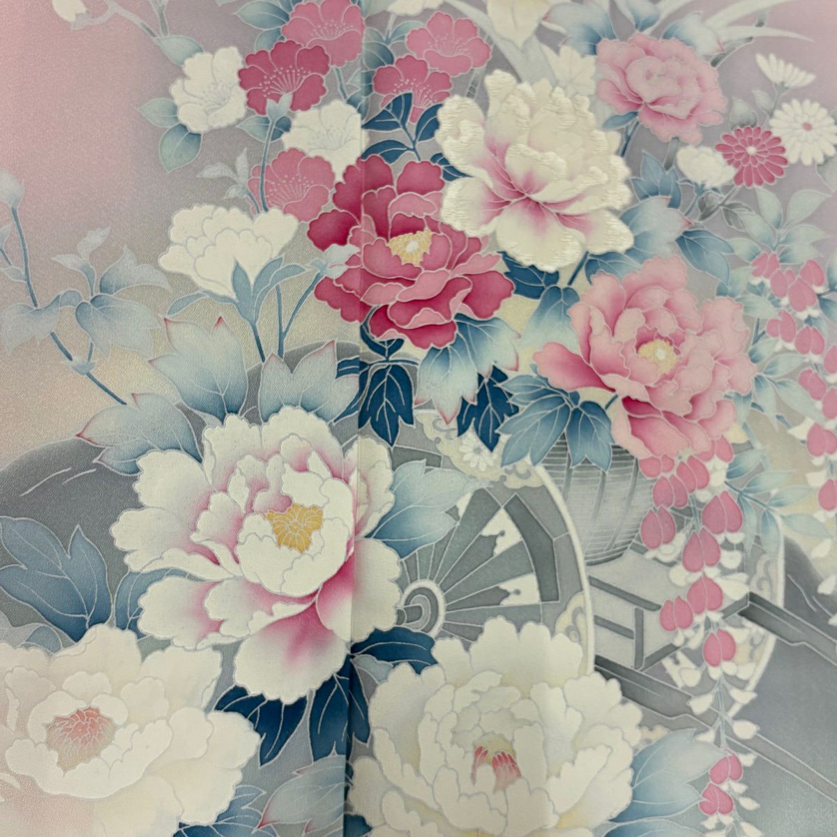 【美品】訪問服 身長172.5cm 袖長64cm M 雙層 花車 牡丹 刺繡 漸層 淺粉色 純蠶絲 優品級