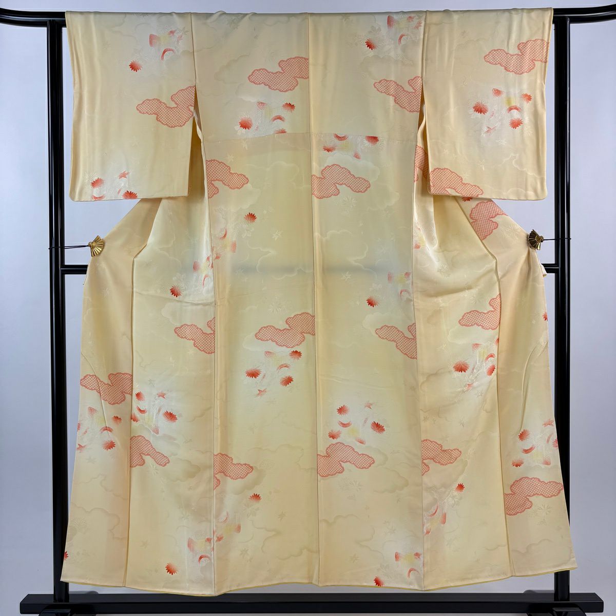 小紋 身長153.5cm 袖長62cm S 雙層 雲文 御所車 漸層 黃 純蠶絲 優品級