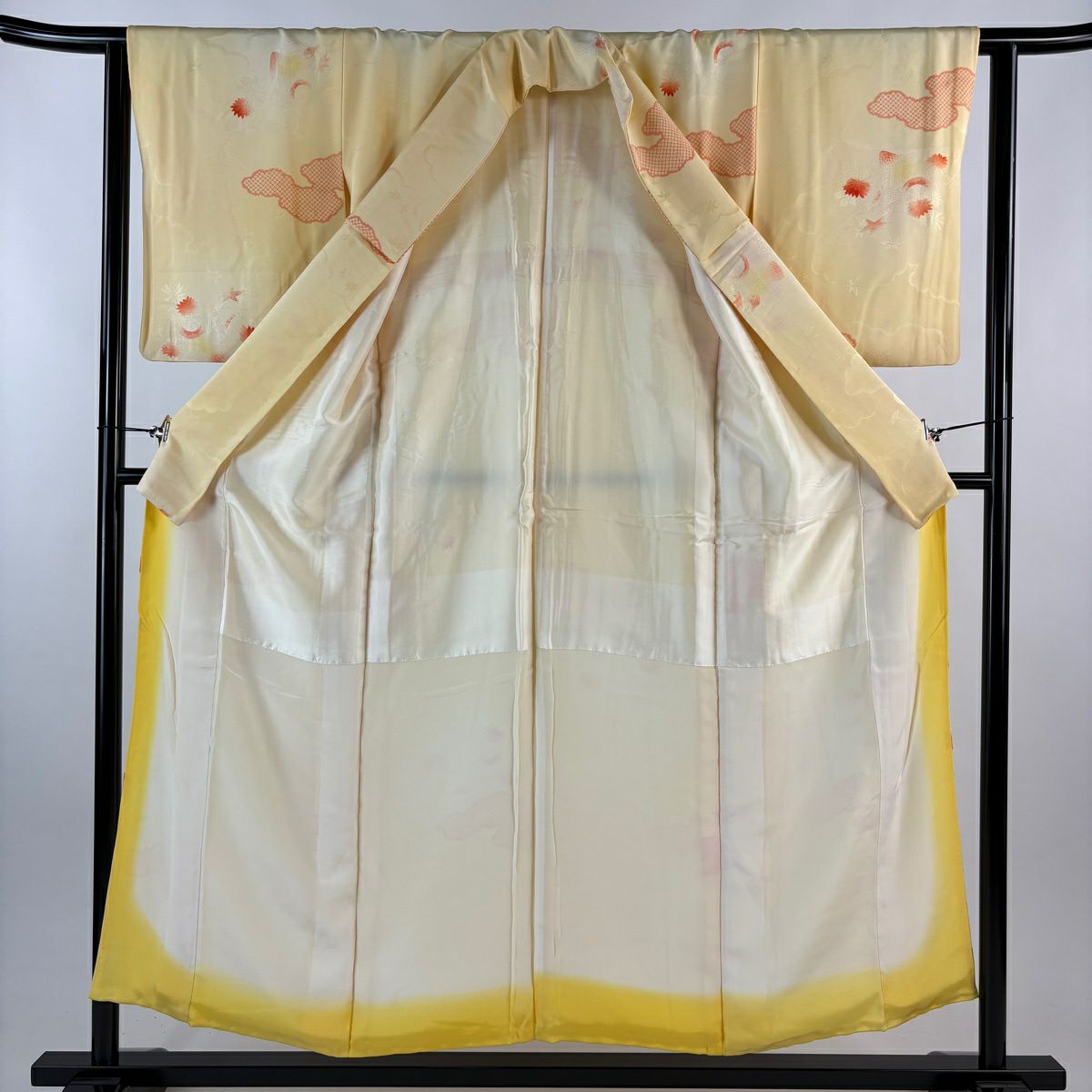 小紋 身長153.5cm 袖長62cm S 雙層 雲文 御所車 漸層 黃 純蠶絲 優品級