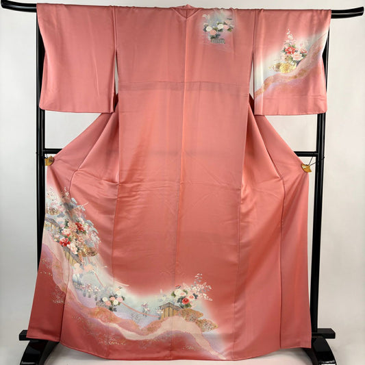 訪問服 身長169cm 袖長67cm M 雙層 幾帳 草花紋紋 金銀彩 漸層 粉紅 純蠶絲 優品級