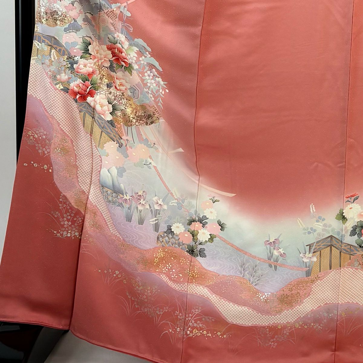訪問服 身長169cm 袖長67cm M 雙層 幾帳 草花紋紋 金銀彩 漸層 粉紅 純蠶絲 優品級