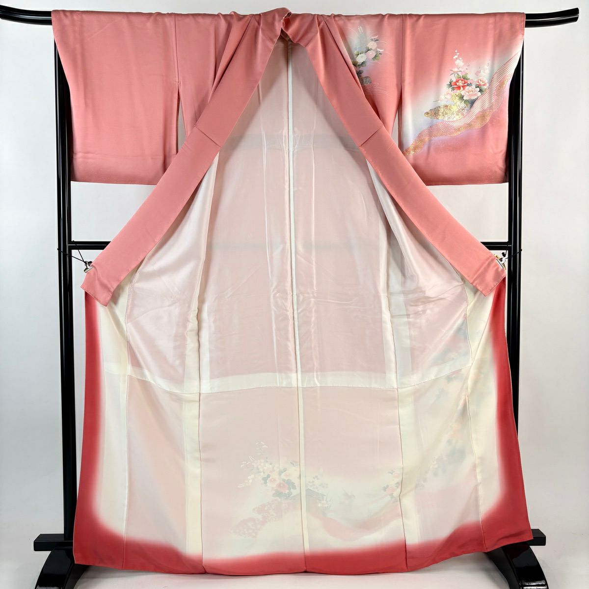 訪問服 身長169cm 袖長67cm M 雙層 幾帳 草花紋紋 金銀彩 漸層 粉紅 純蠶絲 優品級