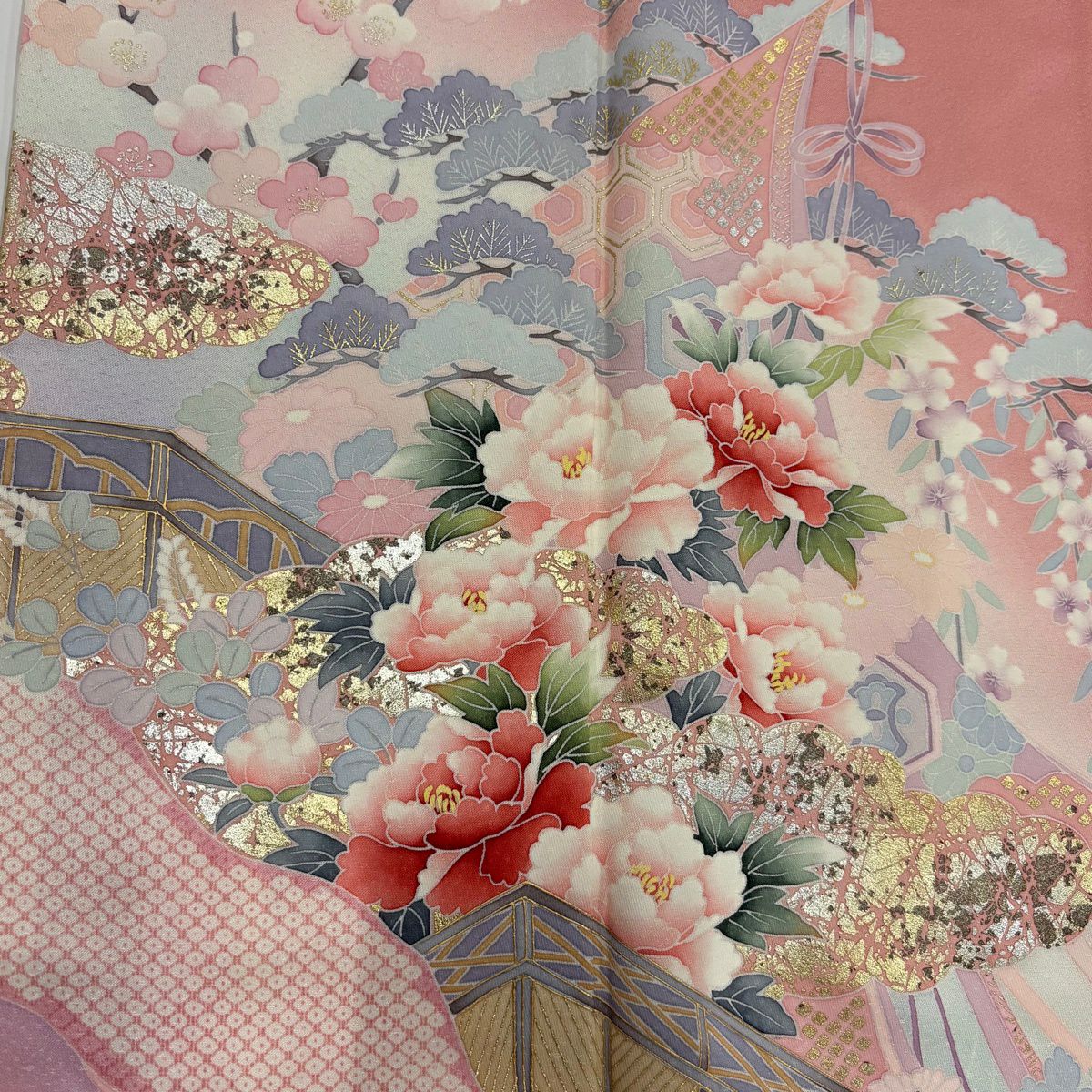 訪問服 身長169cm 袖長67cm M 雙層 幾帳 草花紋紋 金銀彩 漸層 粉紅 純蠶絲 優品級