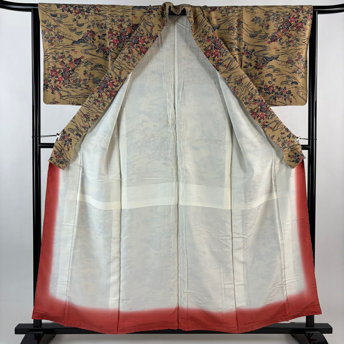 小紋 身長156cm 袖長63cm S 雙層 松樹竹子梅花 流水 絞染 薄茶 純蠶絲 優品級