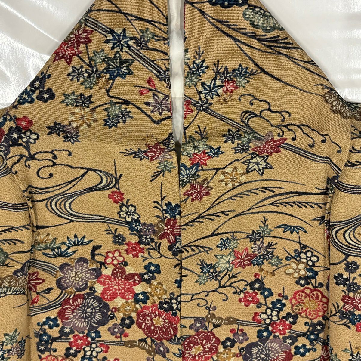 小紋 身長156cm 袖長63cm S 雙層 松樹竹子梅花 流水 絞染 薄茶 純蠶絲 優品級