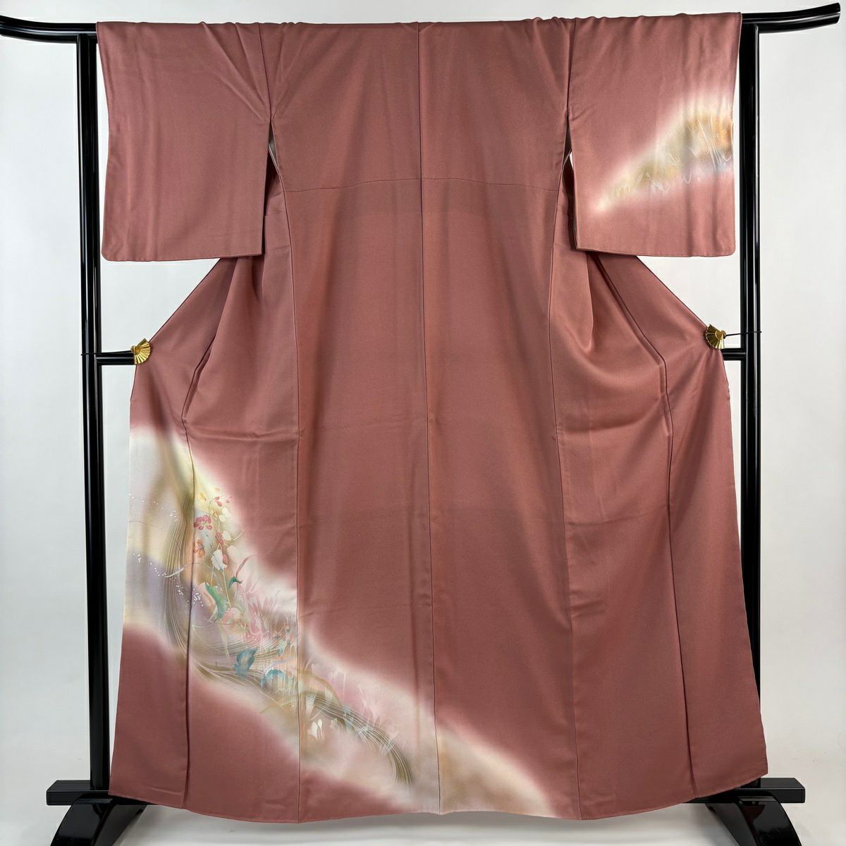付下 身長162.5cm 袖長63.5cm S 雙層 草花紋紋 霞 金銀彩 漸層 深粉紅 純蠶絲 優品級