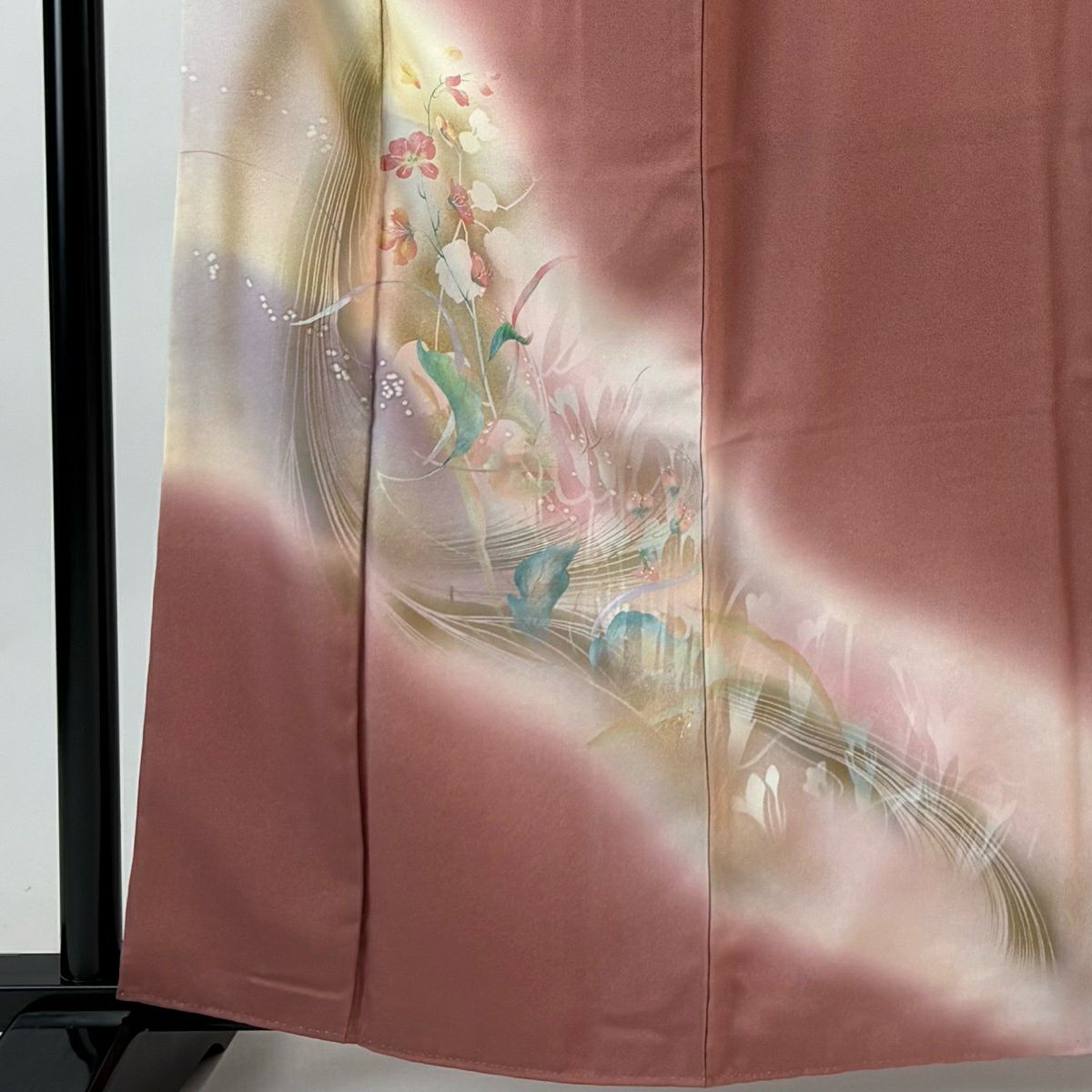 付下 身長162.5cm 袖長63.5cm S 雙層 草花紋紋 霞 金銀彩 漸層 深粉紅 純蠶絲 優品級