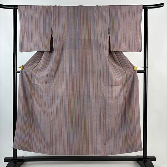 【美品】 小紋 身長154cm 袖長63cm S 雙層 縱條紋 紫 純蠶絲 優品級