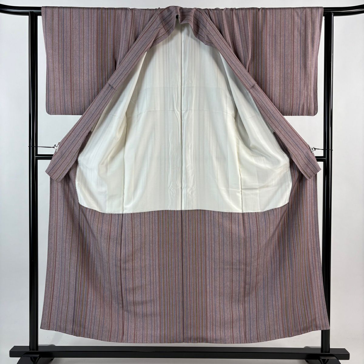 【美品】 小紋 身長154cm 袖長63cm S 雙層 縱條紋 紫 純蠶絲 優品級