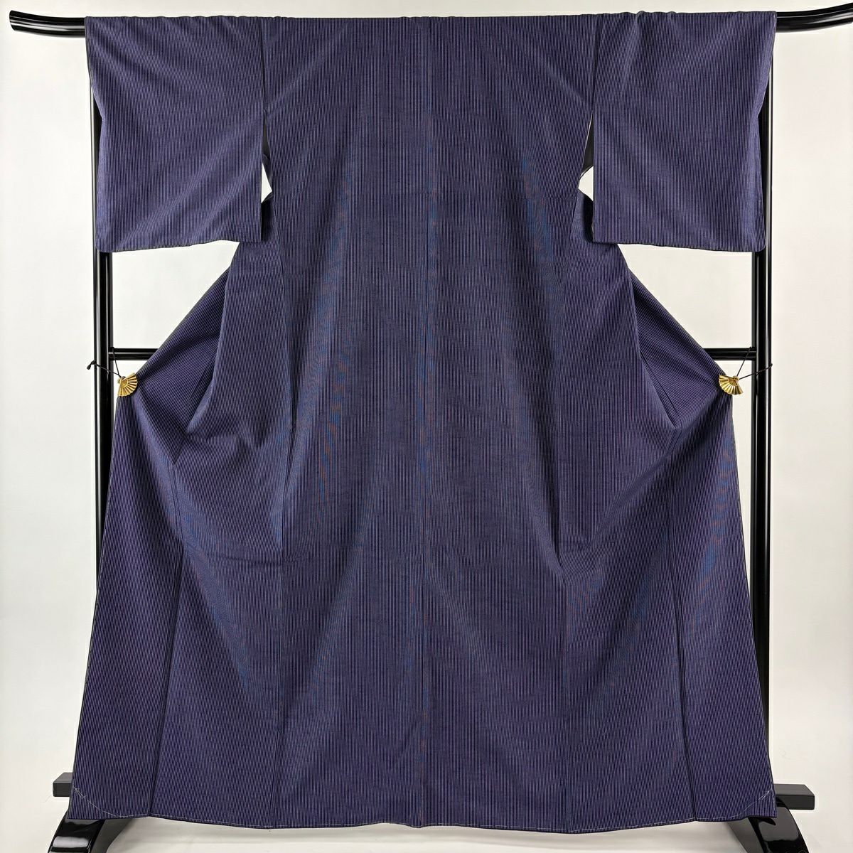 【美品】結城紬織 身長166.5cm 袖長68cm L 雙層 はたおり娘 奥順 證書齊全 縱條紋 深藍 純蠶絲 逸品級