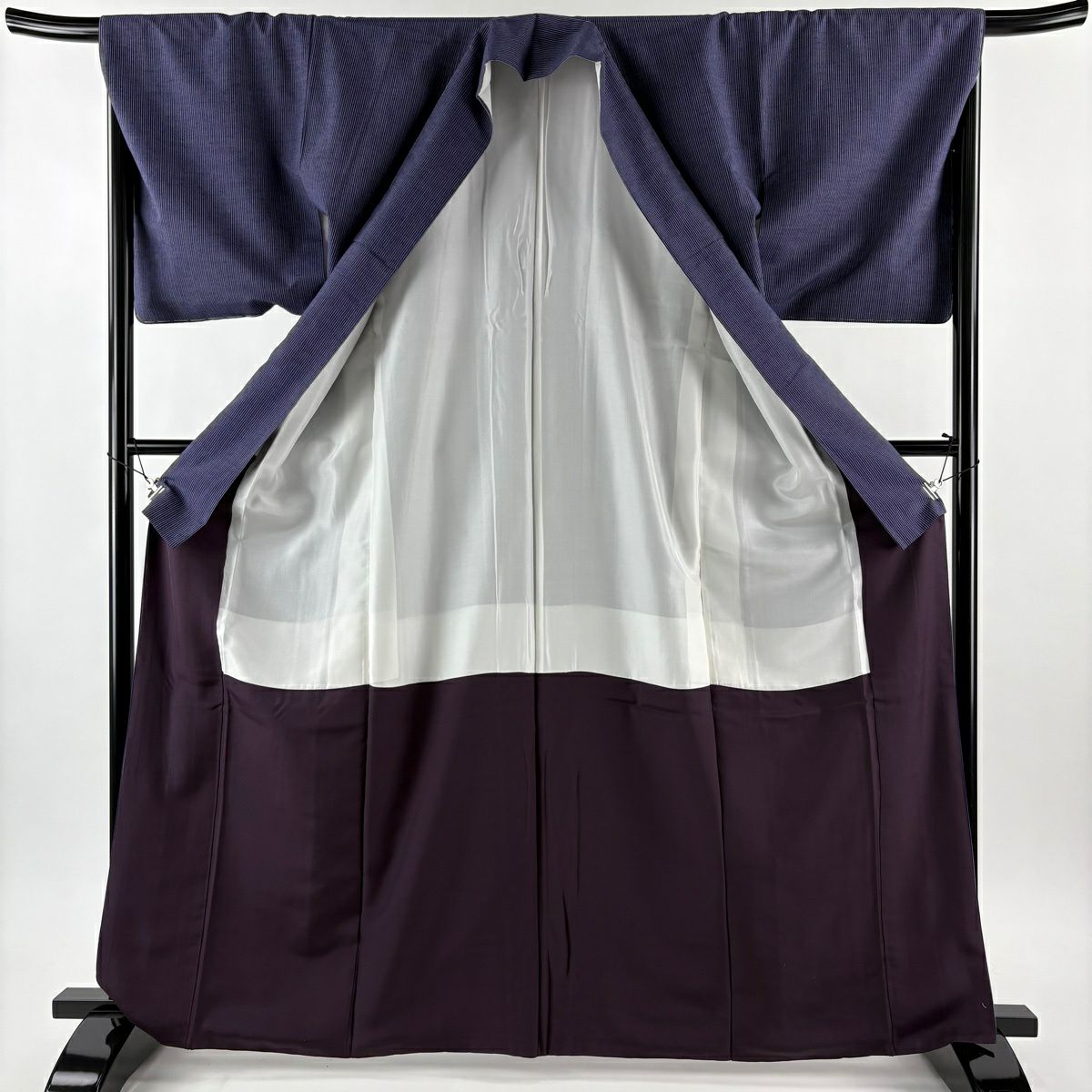 【美品】結城紬織 身長166.5cm 袖長68cm L 雙層 はたおり娘 奥順 證書齊全 縱條紋 深藍 純蠶絲 逸品級
