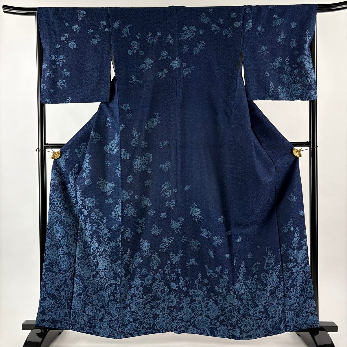 訪問服 身長161.5cm 袖長66cm M 雙層 草花紋紋 深藍 純蠶絲 逸品級