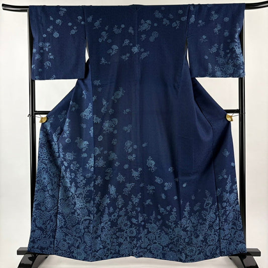 訪問服 身長161.5cm 袖長66cm M 雙層 草花紋紋 深藍 純蠶絲 逸品級