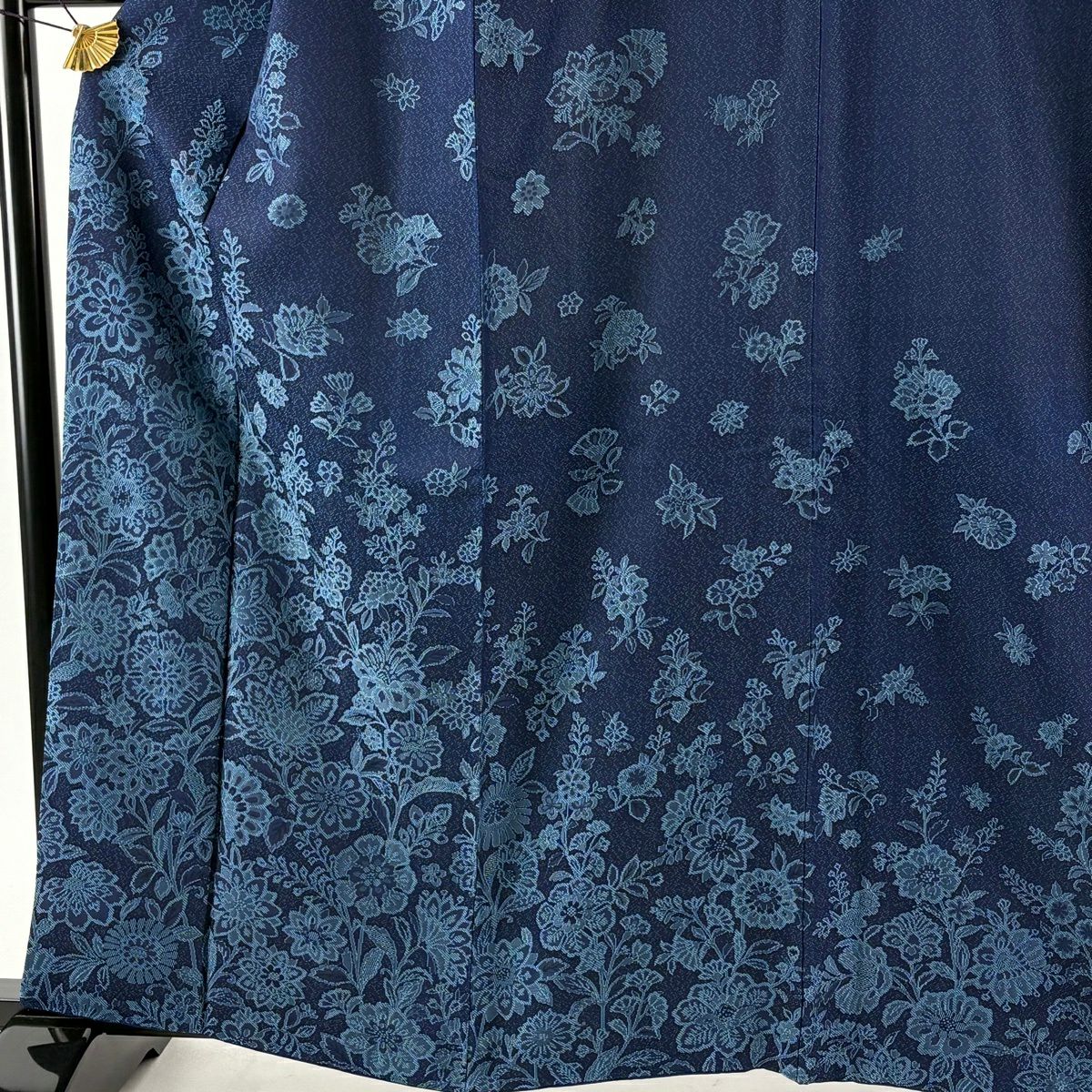 訪問服 身長161.5cm 袖長66cm M 雙層 草花紋紋 深藍 純蠶絲 逸品級