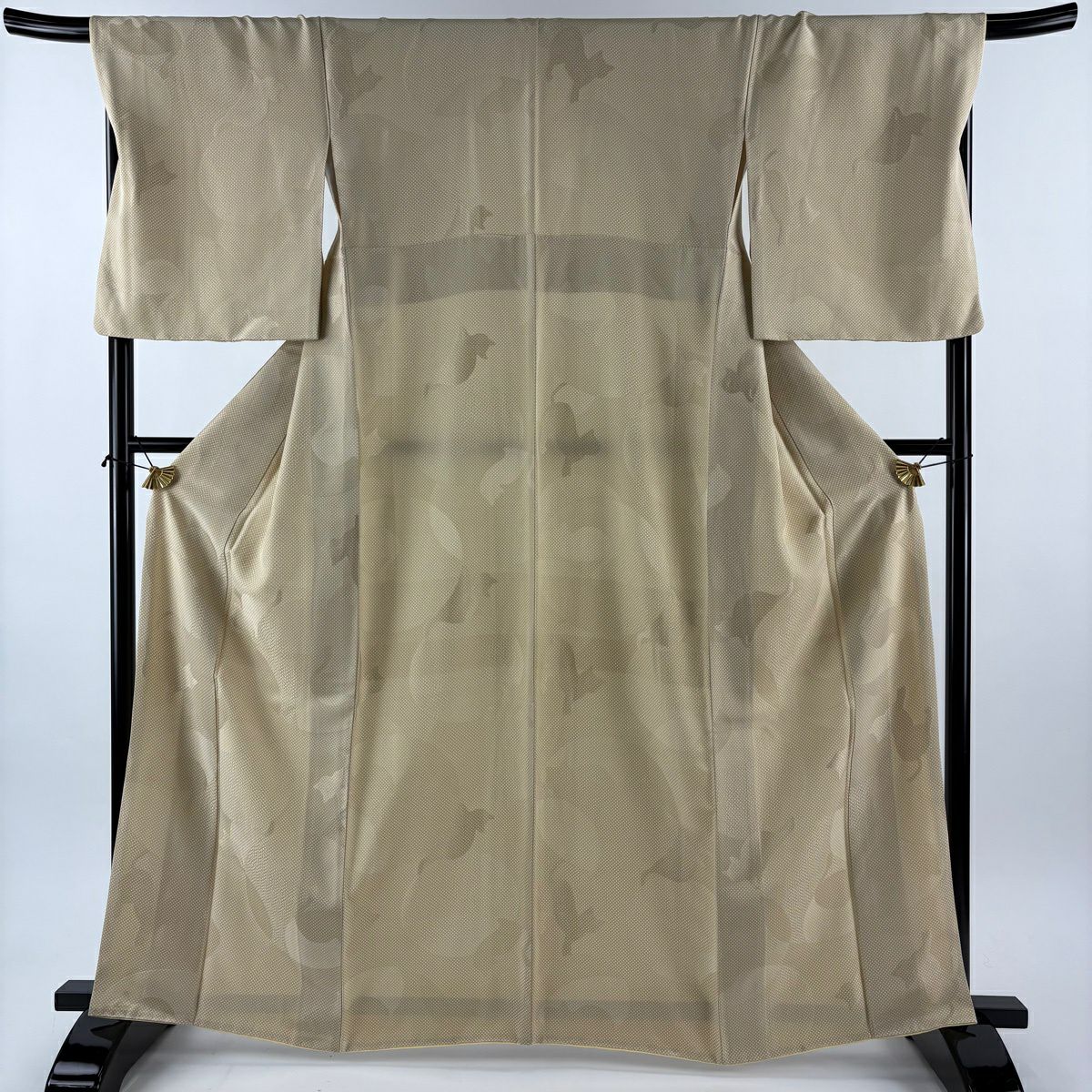 【美品】 小紋 身長162.5cm 袖長68.5cm L 雙層 大和 貓 點點 米色 純蠶絲 逸品級