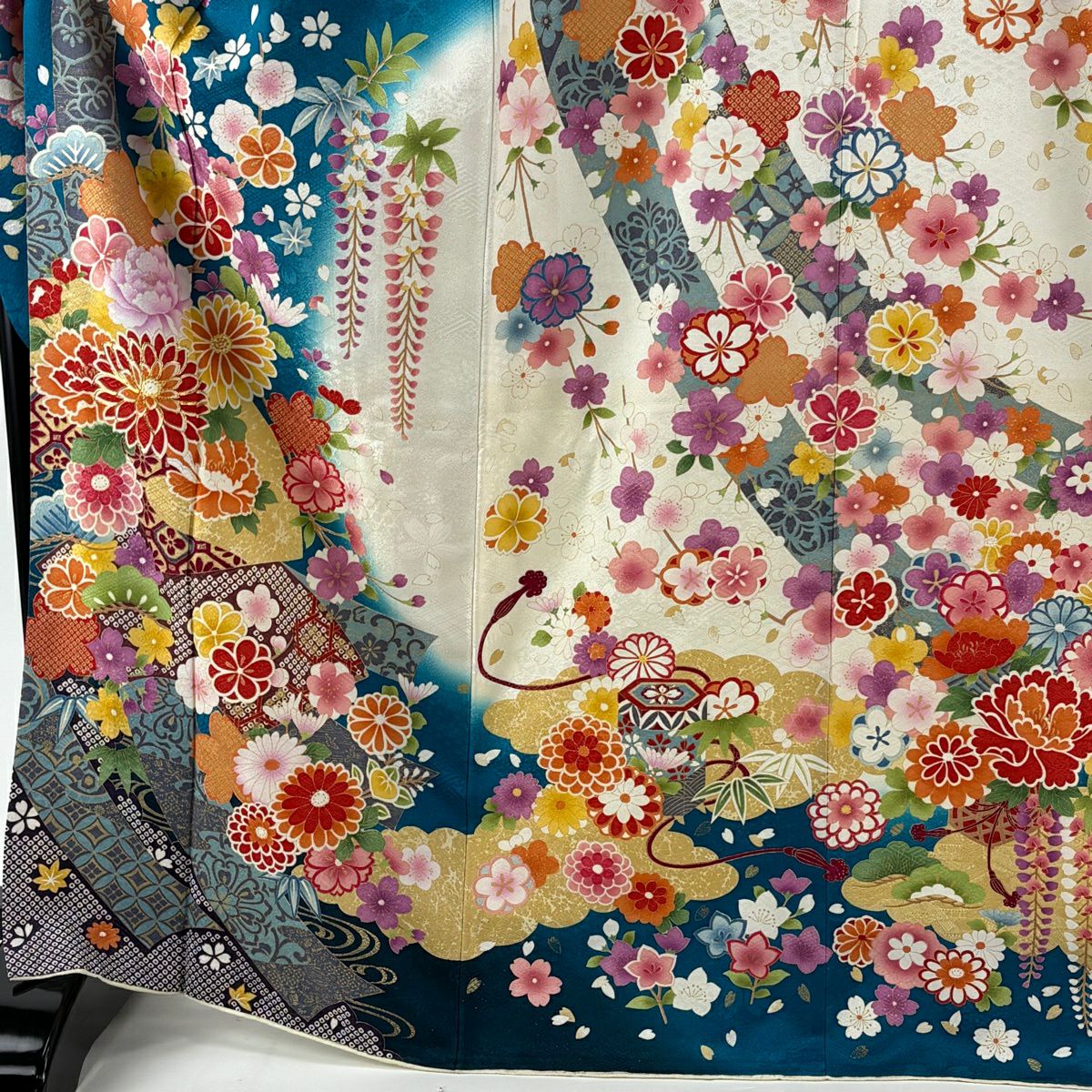 振袖禮服 身長169cm 袖長67cm M 雙層 草花紋紋 扇子面 銀通 金糸 青綠 純蠶絲 逸品級