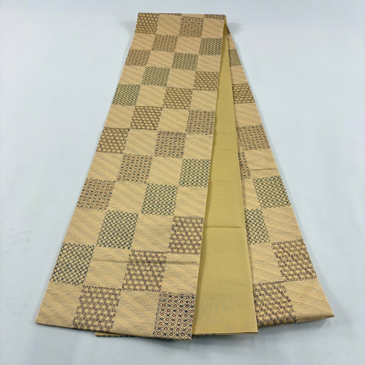 【美品】 袋帶 逸品級 七寶 藍海波 淺橙色 全通 純蠶絲