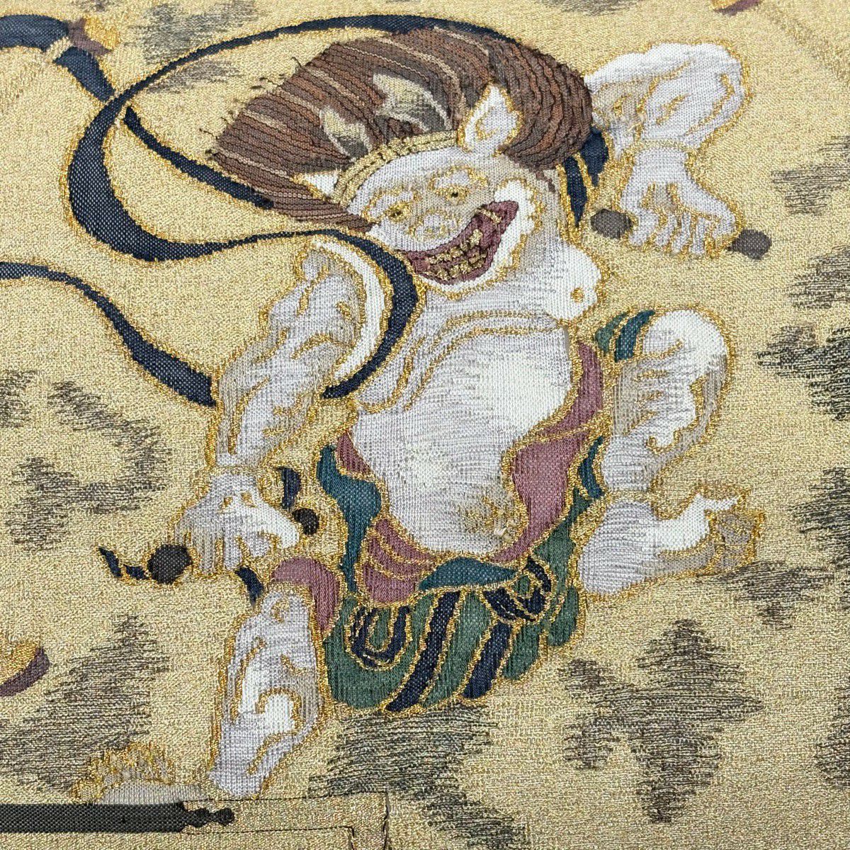袋帶 逸品級 風神 雷神 金銀絲 銀色 大鼓圖案 純蠶絲