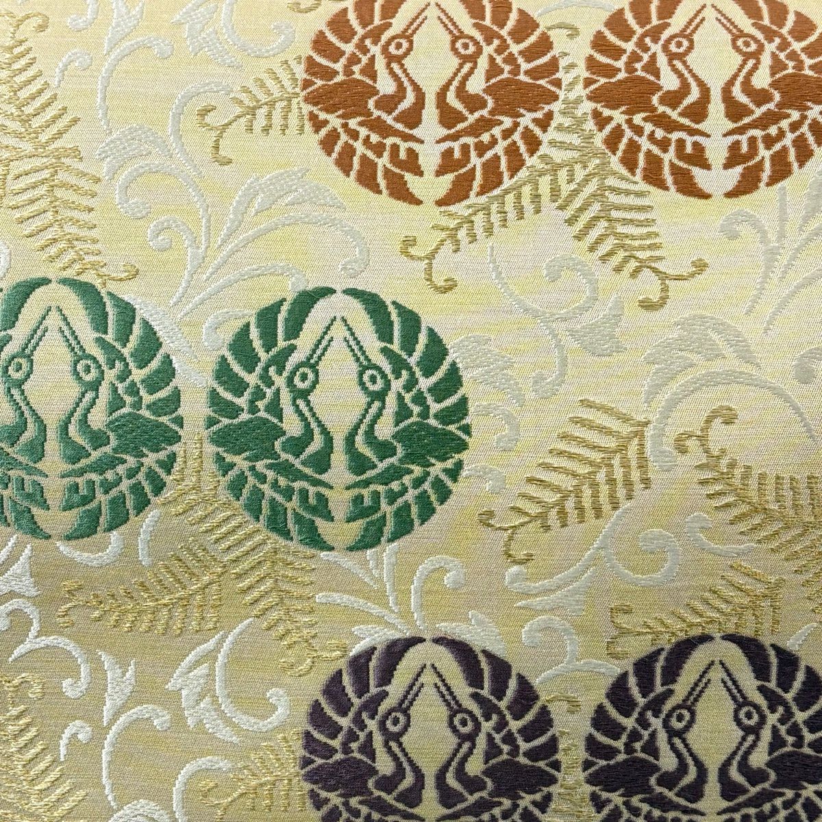 【美品】 開口名古屋帶 逸品級 人間國寶 喜多川平朗 向仙鶴 若松樹 刺繡 金線 金色 純蠶絲