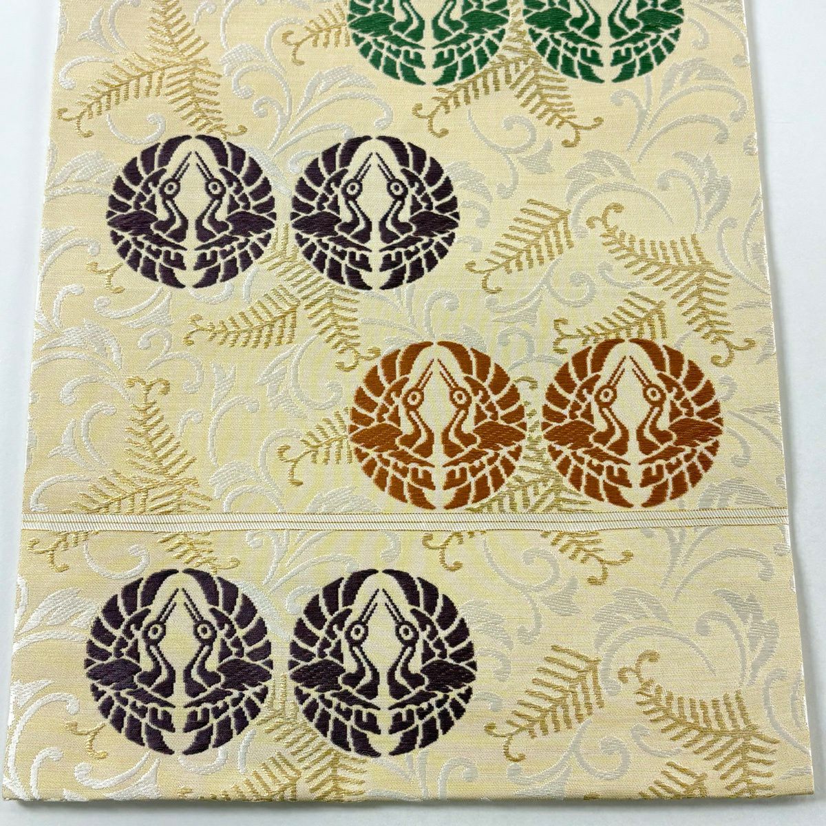 【美品】 開口名古屋帶 逸品級 人間國寶 喜多川平朗 向仙鶴 若松樹 刺繡 金線 金色 純蠶絲
