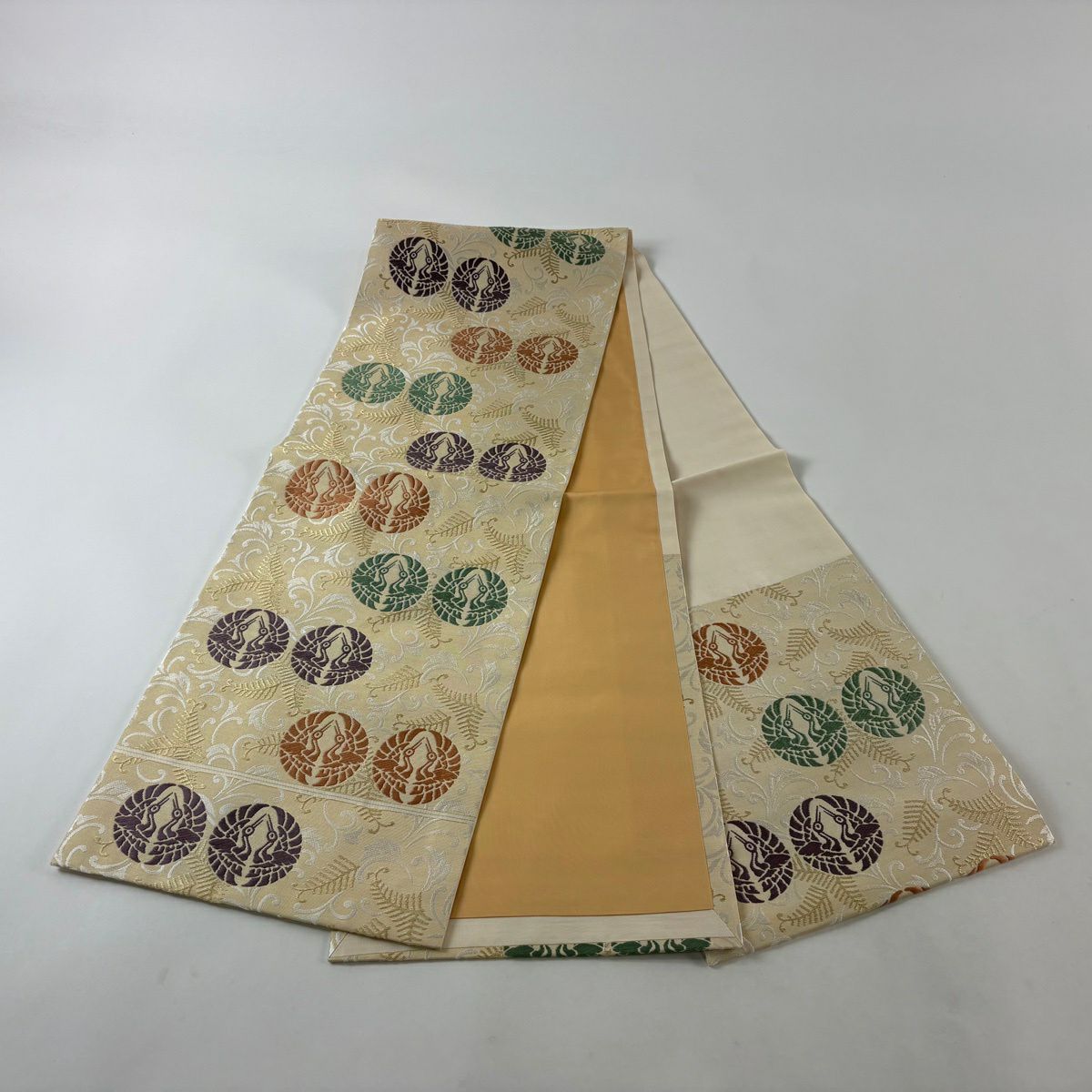 【美品】 開口名古屋帶 逸品級 人間國寶 喜多川平朗 向仙鶴 若松樹 刺繡 金線 金色 純蠶絲