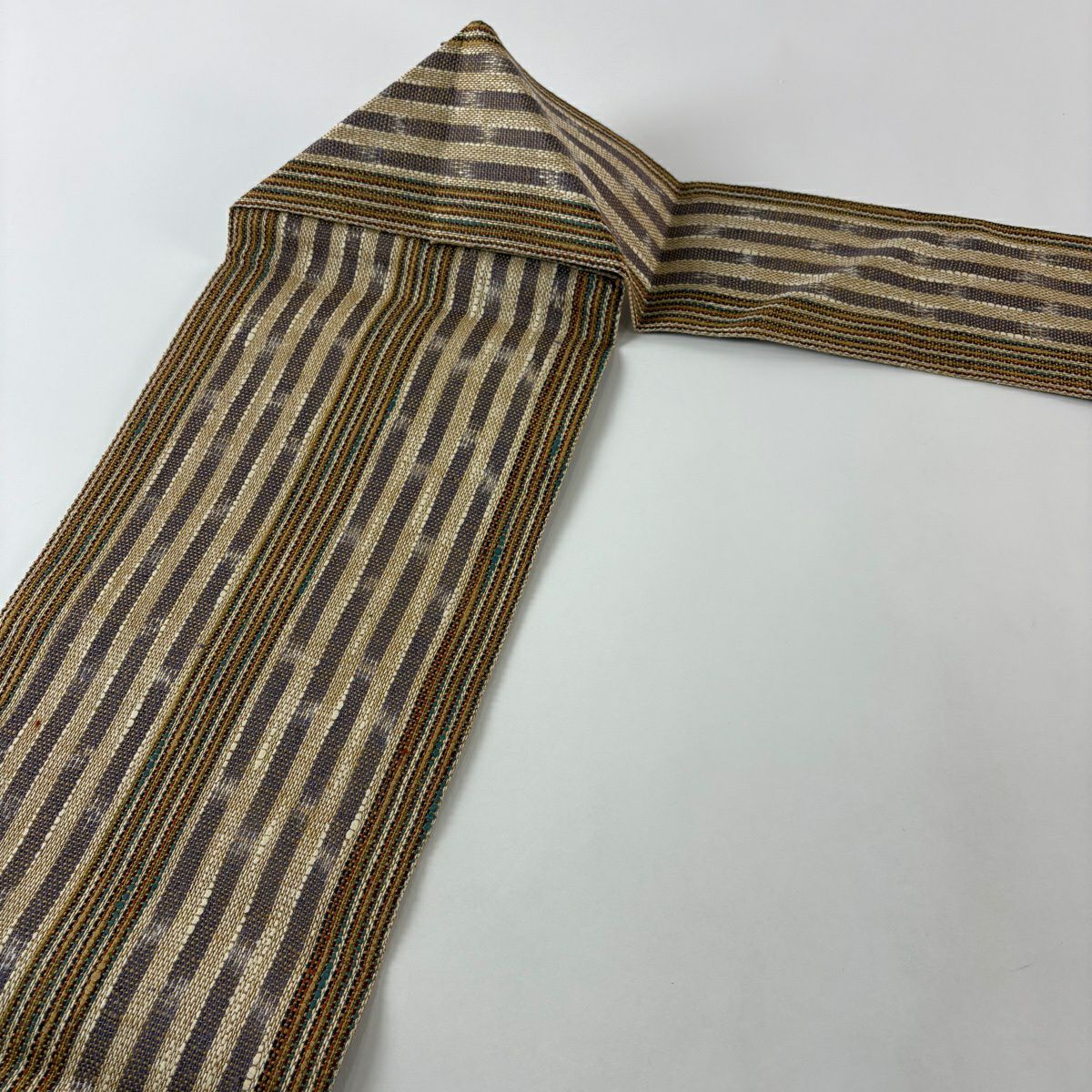 【美品】 名古屋帶 逸品級 證書附 八寸名古屋帶 條紋 幾何學 博多織 淺茶 純蠶絲