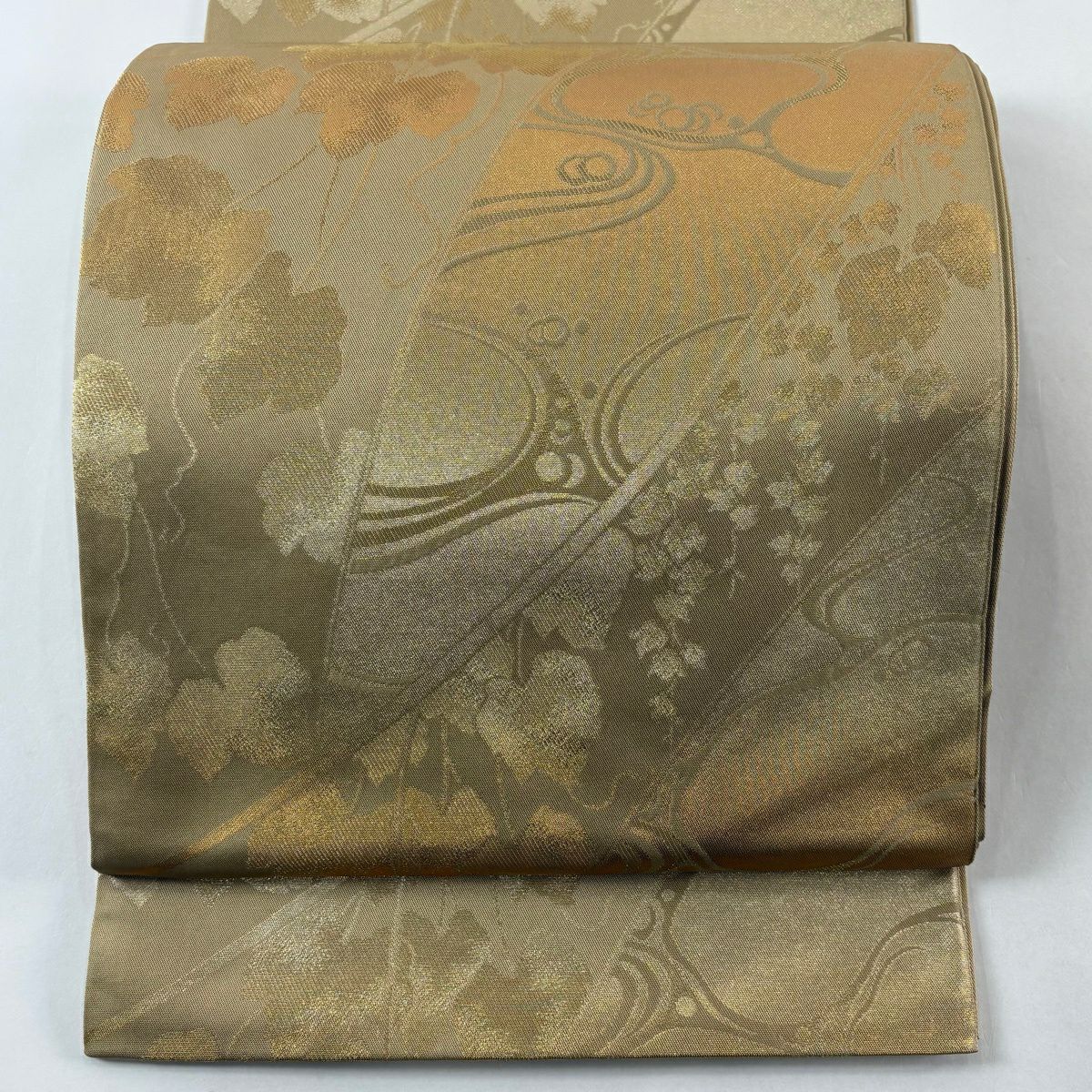 【美品】 袋帶 逸品級 北出與三郎 落款あり 流水蔦的細道 金絲 金金箔 金色 六通 純蠶絲