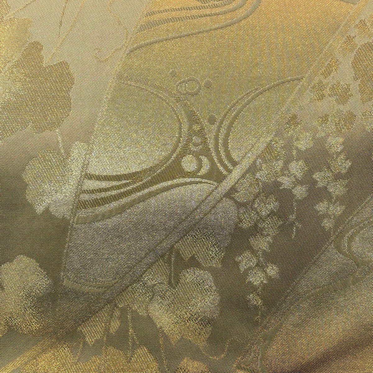 【美品】 袋帶 逸品級 北出與三郎 落款あり 流水蔦的細道 金絲 金金箔 金色 六通 純蠶絲