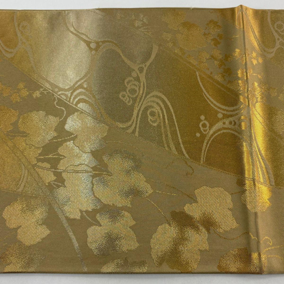【美品】 袋帶 逸品級 北出與三郎 落款あり 流水蔦的細道 金絲 金金箔 金色 六通 純蠶絲