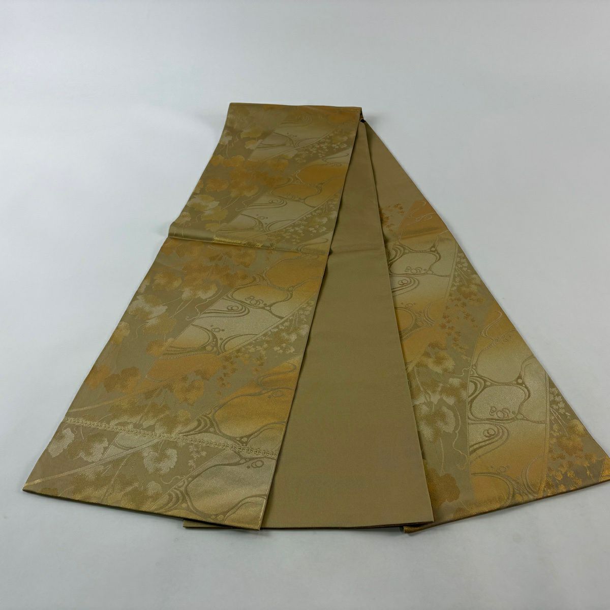 【美品】 袋帶 逸品級 北出與三郎 落款あり 流水蔦的細道 金絲 金金箔 金色 六通 純蠶絲