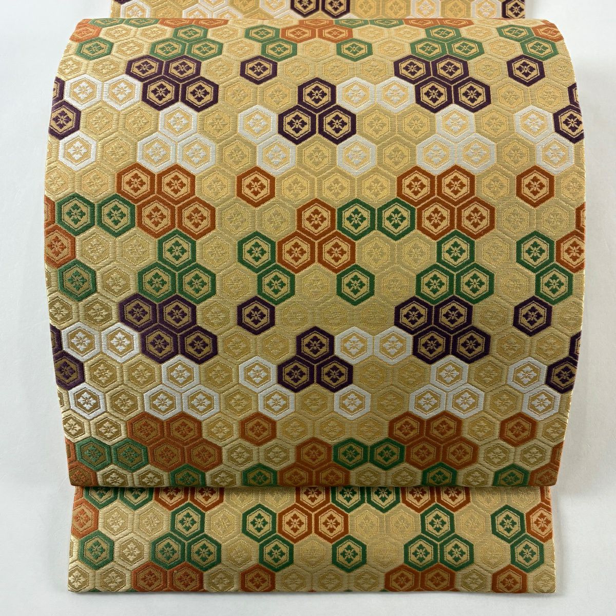 【美品】 開口名古屋帶 逸品級 人間國寶 喜多川平朗 龜甲 花菱 唐織 黃土 純蠶絲