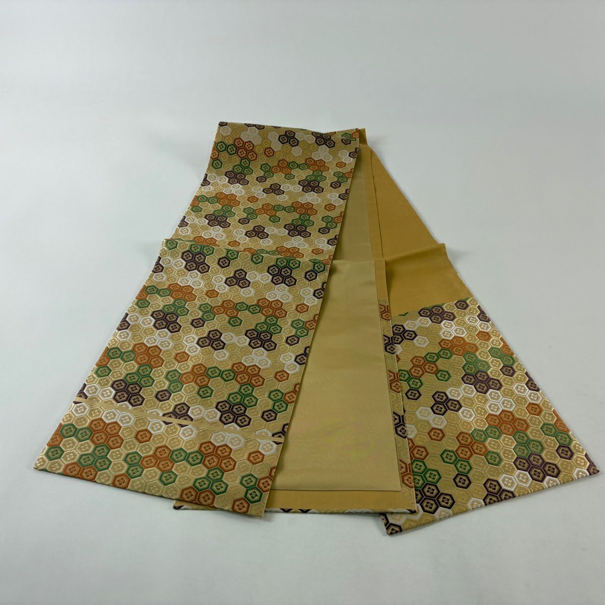 【美品】 開口名古屋帶 逸品級 人間國寶 喜多川平朗 龜甲 花菱 唐織 黃土 純蠶絲