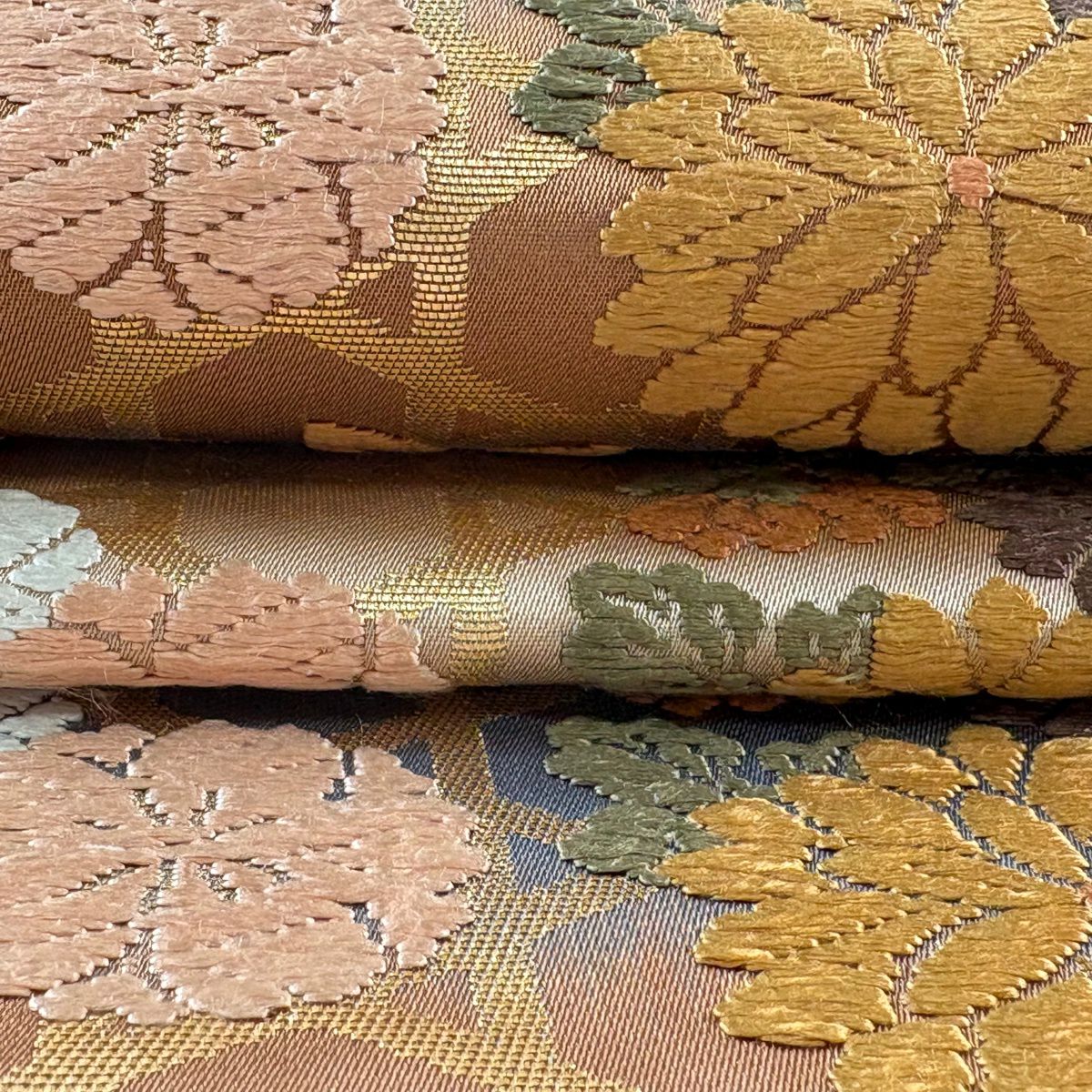 袋帶 逸品級 河合美術織物 落款 花丸紋 籠目 唐織 金金箔 橙色 六通 純蠶絲
