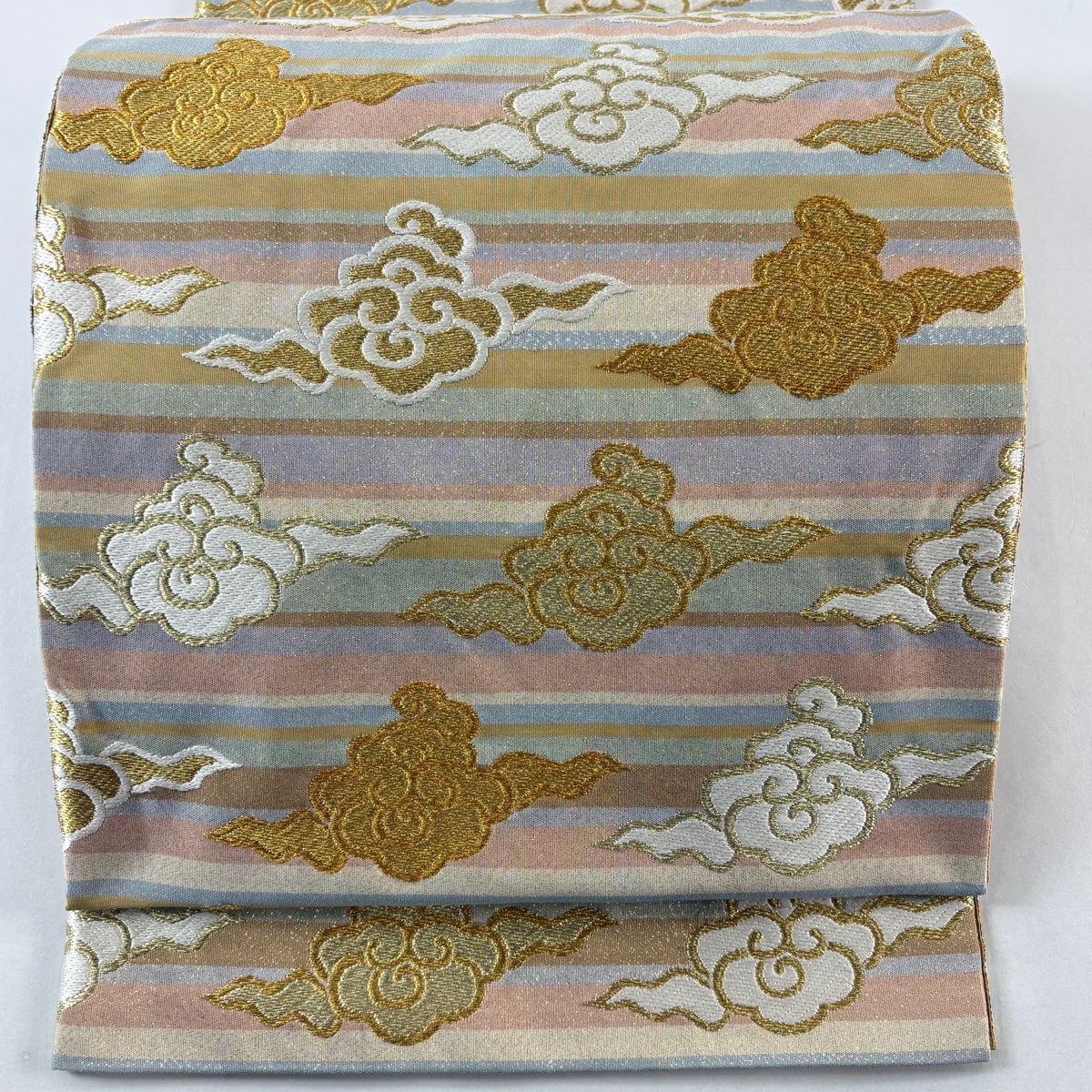 袋帶 逸品級 河村織物 落款あり 彩雲 縞 金糸 青灰 六通 純蠶絲