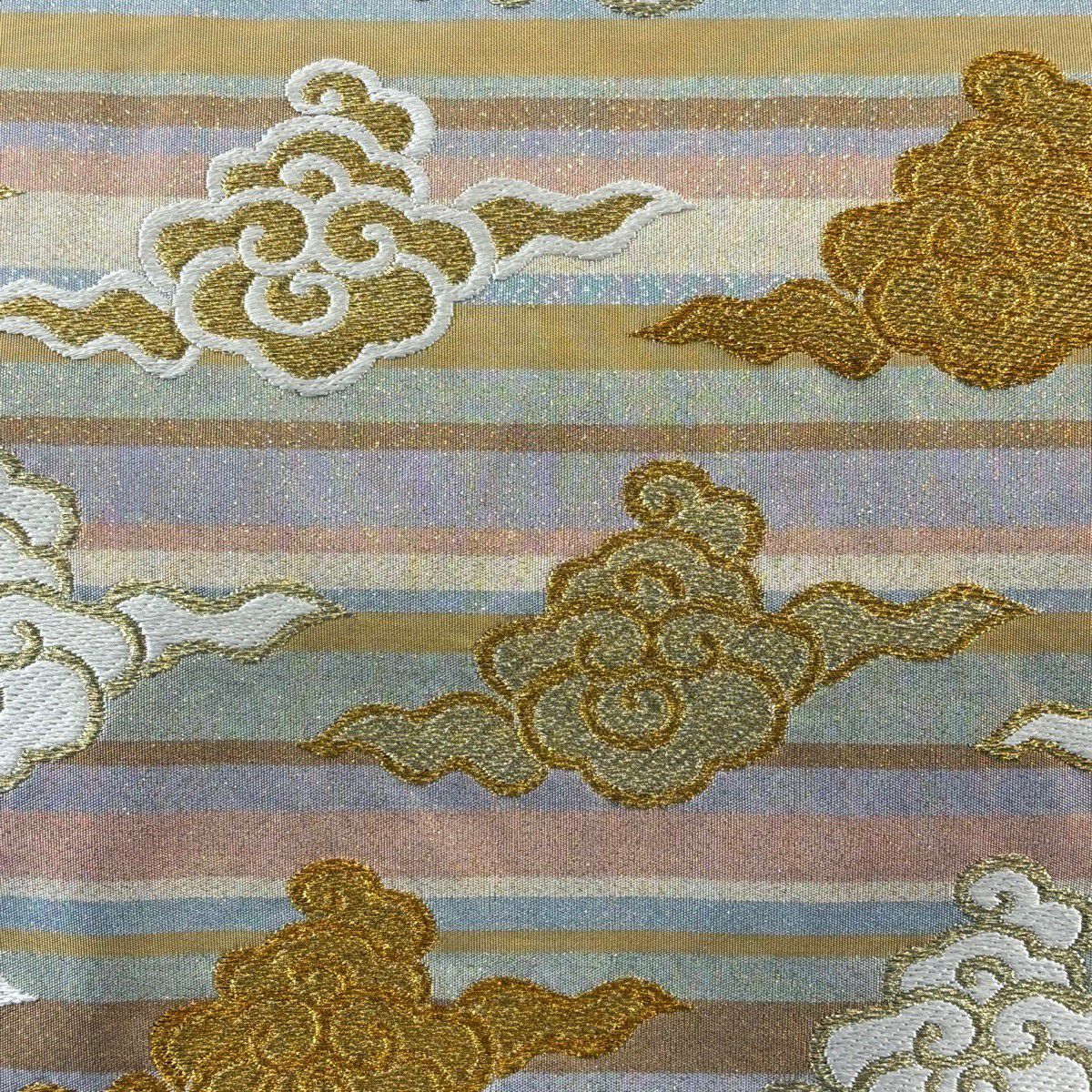 袋帶 逸品級 河村織物 落款あり 彩雲 縞 金糸 青灰 六通 純蠶絲