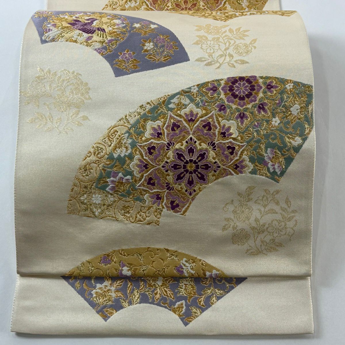【美品】 袋帶 逸品級 じゅらく 落款あり 帝王紫 扇子面 華紋 金糸 金金箔 奶油 六通 純蠶絲