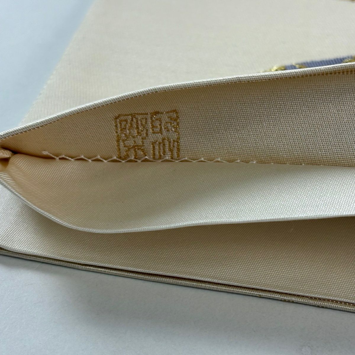 【美品】 袋帶 逸品級 じゅらく 落款あり 帝王紫 扇子面 華紋 金糸 金金箔 奶油 六通 純蠶絲