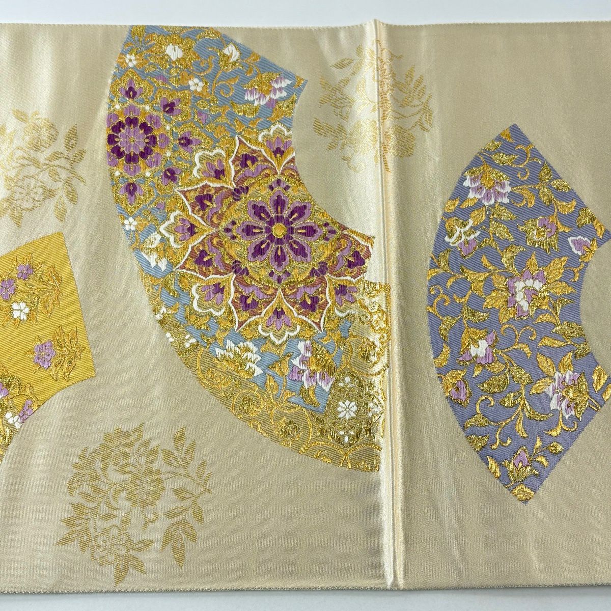 【美品】 袋帶 逸品級 じゅらく 落款あり 帝王紫 扇子面 華紋 金糸 金金箔 奶油 六通 純蠶絲