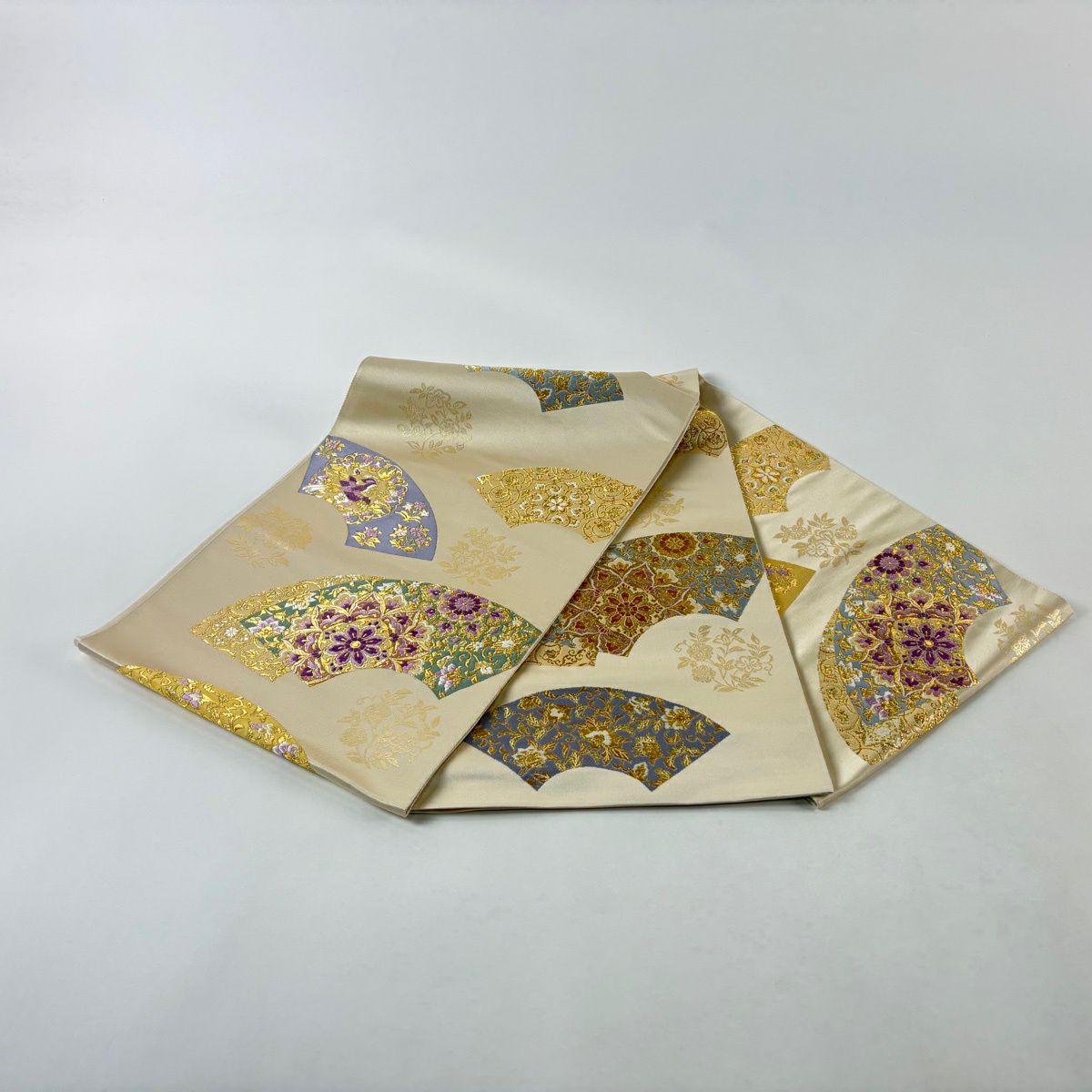 【美品】 袋帶 逸品級 じゅらく 落款あり 帝王紫 扇子面 華紋 金糸 金金箔 奶油 六通 純蠶絲