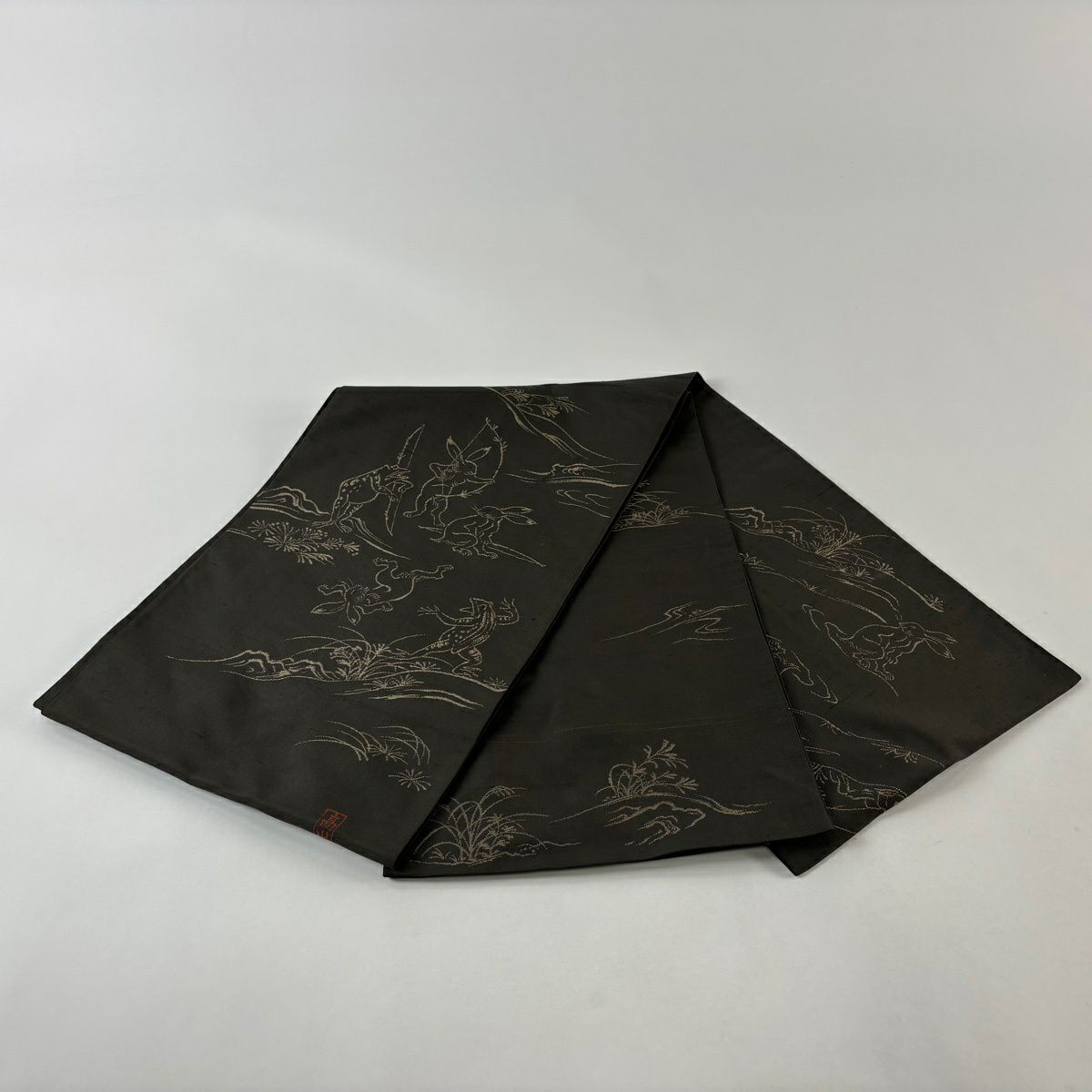 袋帶 逸品級 紬織織 鳥獸戲畫 焦茶 お太鼓紋 純蠶絲