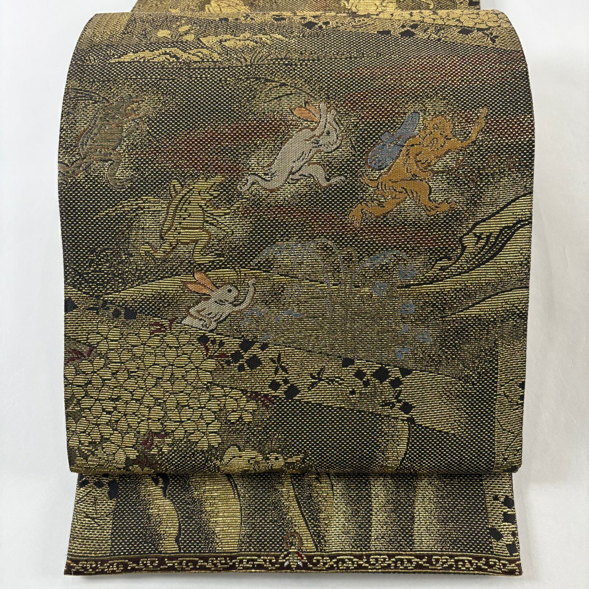 【美品】 袋帶 逸品級 鳥獸戲畫 櫻花 輪奈織 金絲 金色 大鼓圖案 純蠶絲