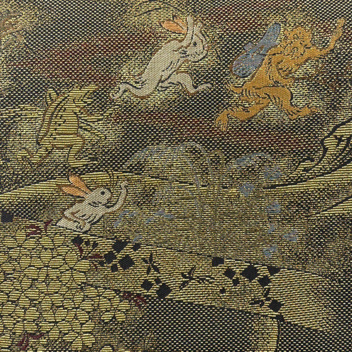 【美品】 袋帶 逸品級 鳥獸戲畫 櫻花 輪奈織 金絲 金色 大鼓圖案 純蠶絲