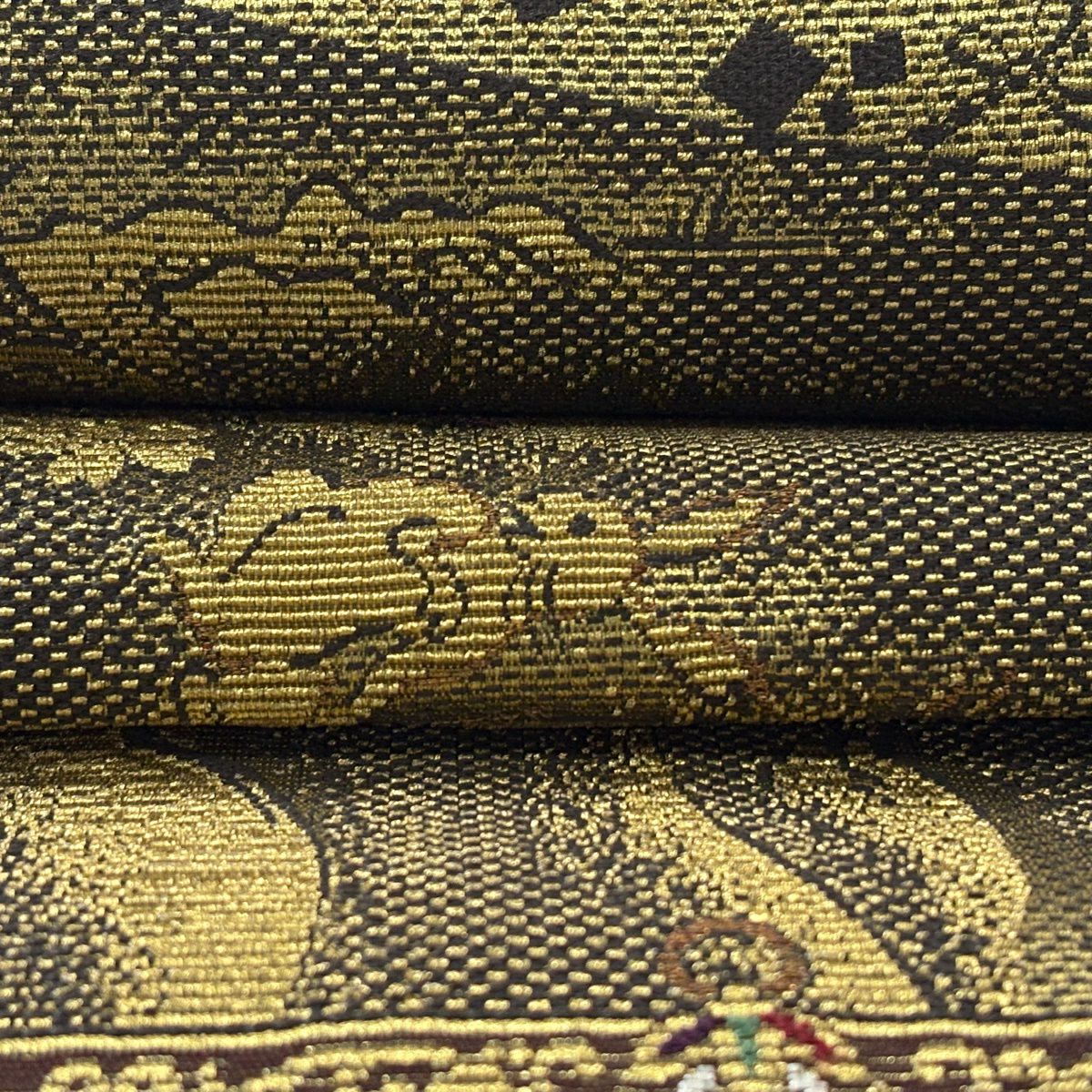 【美品】 袋帶 逸品級 鳥獸戲畫 櫻花 輪奈織 金絲 金色 大鼓圖案 純蠶絲