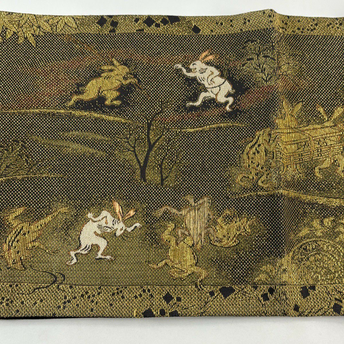 【美品】 袋帶 逸品級 鳥獸戲畫 櫻花 輪奈織 金絲 金色 大鼓圖案 純蠶絲