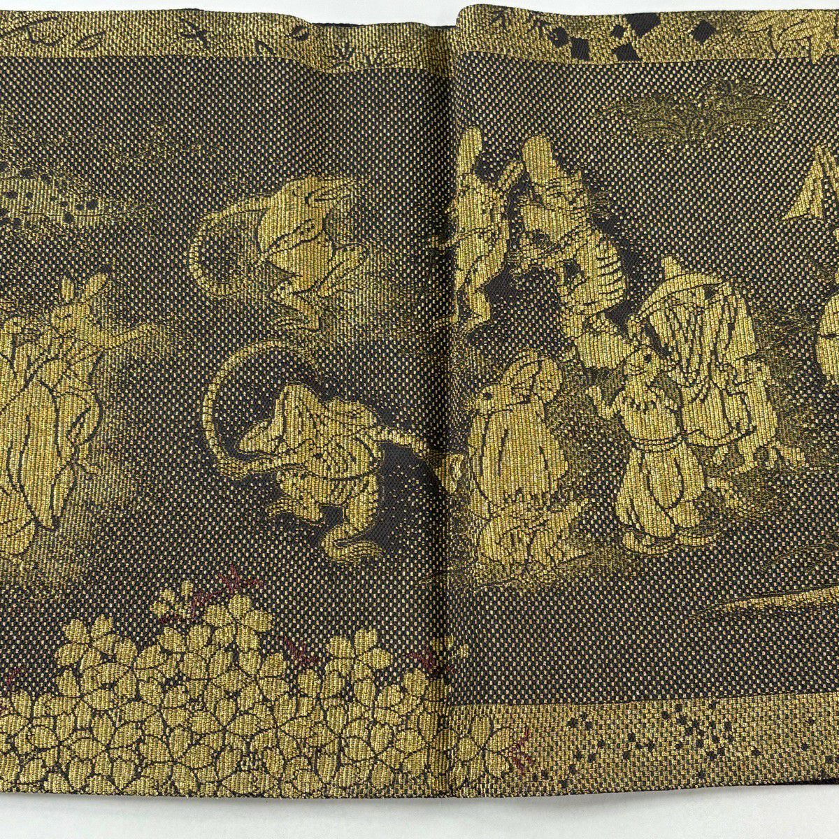 【美品】 袋帶 逸品級 鳥獸戲畫 櫻花 輪奈織 金絲 金色 大鼓圖案 純蠶絲