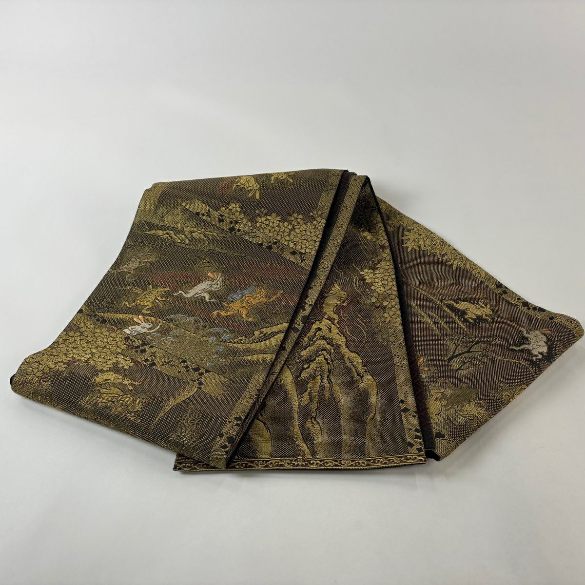 【美品】 袋帶 逸品級 鳥獸戲畫 櫻花 輪奈織 金絲 金色 大鼓圖案 純蠶絲