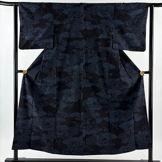 【美品】結城紬織 身長151cm 袖長62cm S 雙層 本場結城紬織 井上商事 證書附帶 龜甲 雲文 深藍 純蠶絲 逸品級